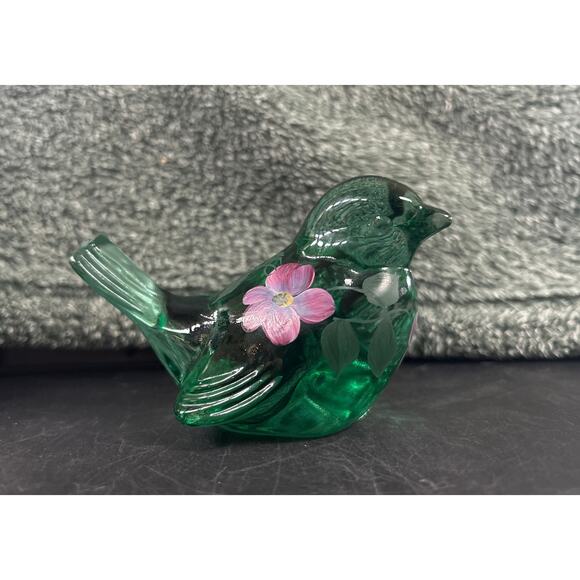 Glass Bird of Happiness Stamped Fenton Green Bird Signed by Artist